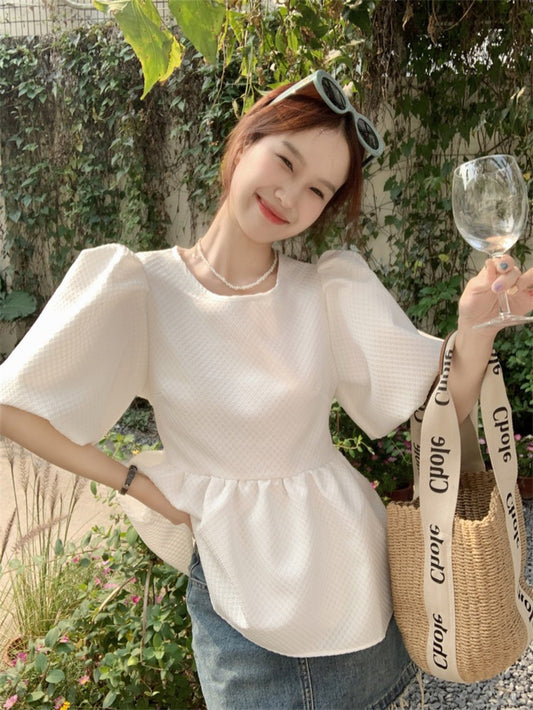 透かし彫り パフスリーブ シャツ/ブラウス