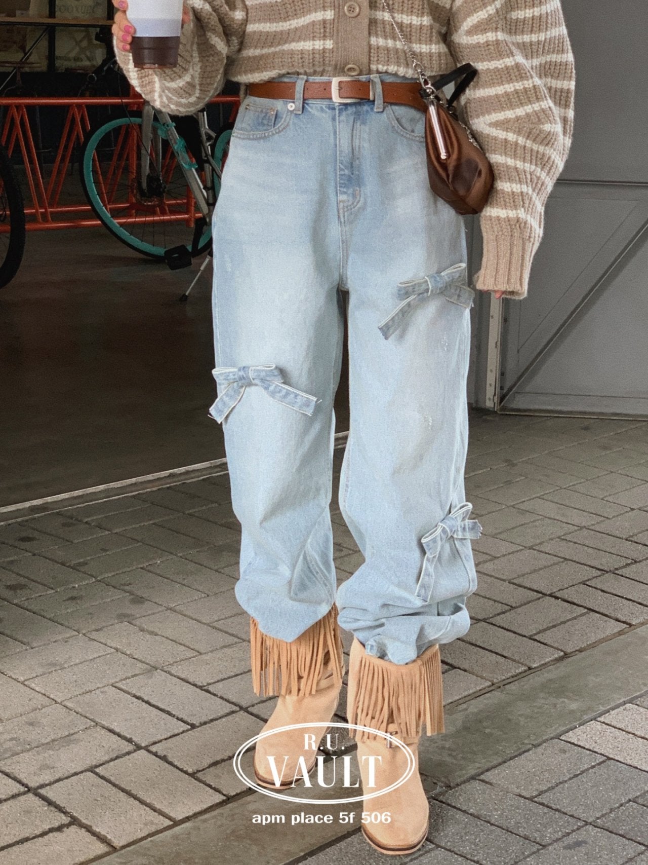 ストレート リボン デニムパンツ