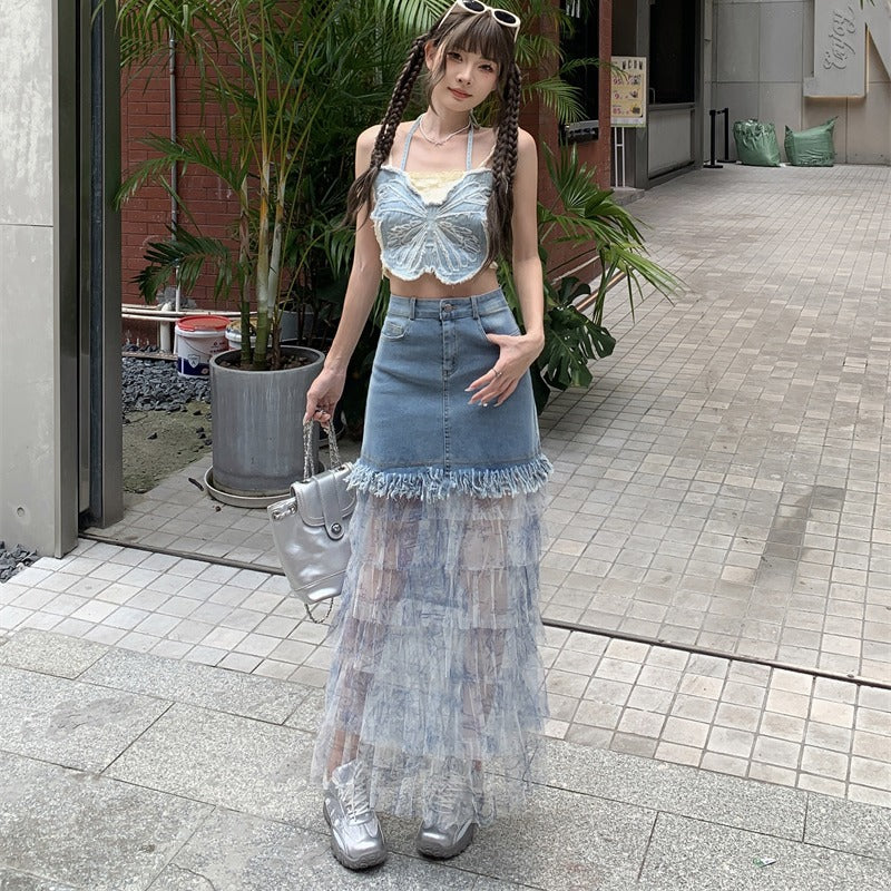 チュール切り替え デニム スカート