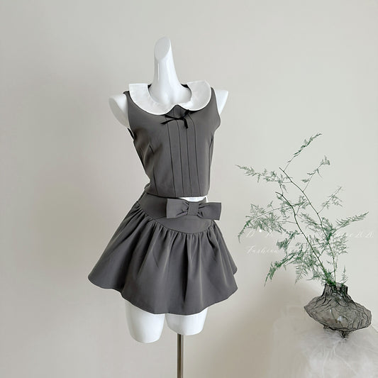 ノースリーブ ノースリーブ トップス+プリーツ ミニスカート　セットアップ