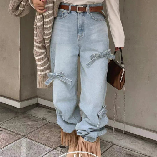 ストレート リボン デニムパンツ