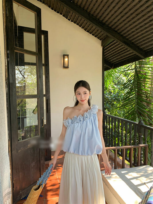 ガーリー 立体フラワー ボーダー ワンショルダー ノースリーブブラウス レディース