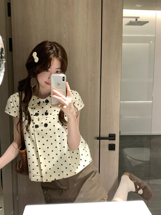水玉　丸衿　半袖　ダブルボタン　シャツ　トップス
