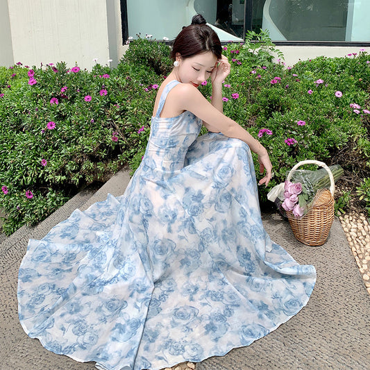 マキシ丈ワンピ エスニック ボヘミアン ハワイアン ブルー ローズ Aライン