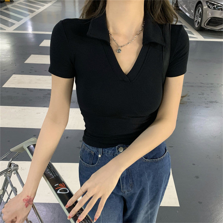 ホットガールスタイル 半袖 ニット Tシャツ トップス スリム Vネック レトロ